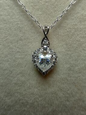 Moissanite Heart Halo Necklace 0.69CTW w/16" Rolo Chain 925 Sterling Silver